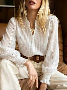 Women's Bohemian Solid Lace Semi Sheer White Long Sleeve Stand Collar Ruched Button Shirt For Home, Office, Vacation, Holiday, Spring Fall Winter - White - View 12