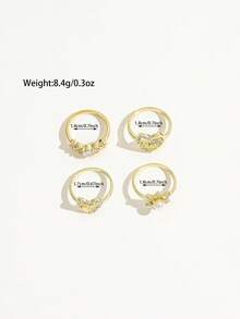 Bộ 4 nhẫn kim loại xếp chồng phong cách INS cho nữ, nhẫn đính đá rhinestone hình trái tim LOVE và hình sao phối ngọc trai giả, thời trang đa năng - Vàng - Xem 6