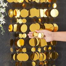 Gold Sequin Backdrop Party Banner Garland, Shiny Reflective Circle Sequins With Hooks For Party Decor, Hanging Decorative Ornaments For Window, Door, Room Divider, Birthday, Wedding,Christmas Decorations, Easy To Assemble - A - View 5