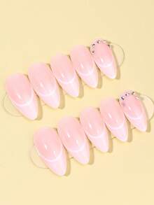 24Pcs Long Almond Press On Nails, Nude Double White Line French Fake Nails, Shiny Crystal Rhinestone Decor Glossy Acrylic Stick On Nails For Daily Wedding Party - Multicolor - View 4