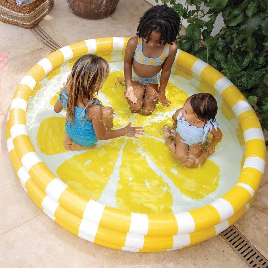 Inflatable Lemon Pattern Round Pool, 3-Ring PVC Wading Pool For Garden And Outdoor, Yellow And White, 147 X 33 Cm, 330 L Capacity - A - 查看 1