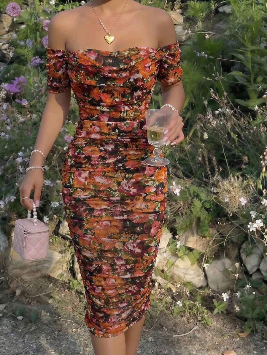 Vestido largo ajustado con hombros descubiertos y estampado floral colorido, adecuado para primavera/verano, citas, jardín, fiestas, invitados de boda,é de la tarde - Naranja - Ver 1
