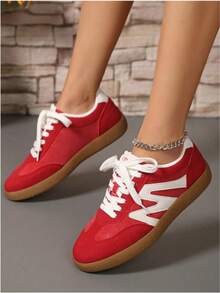 Women Casual Sneakers, Lace Up Walking Shoes - Red - View 1