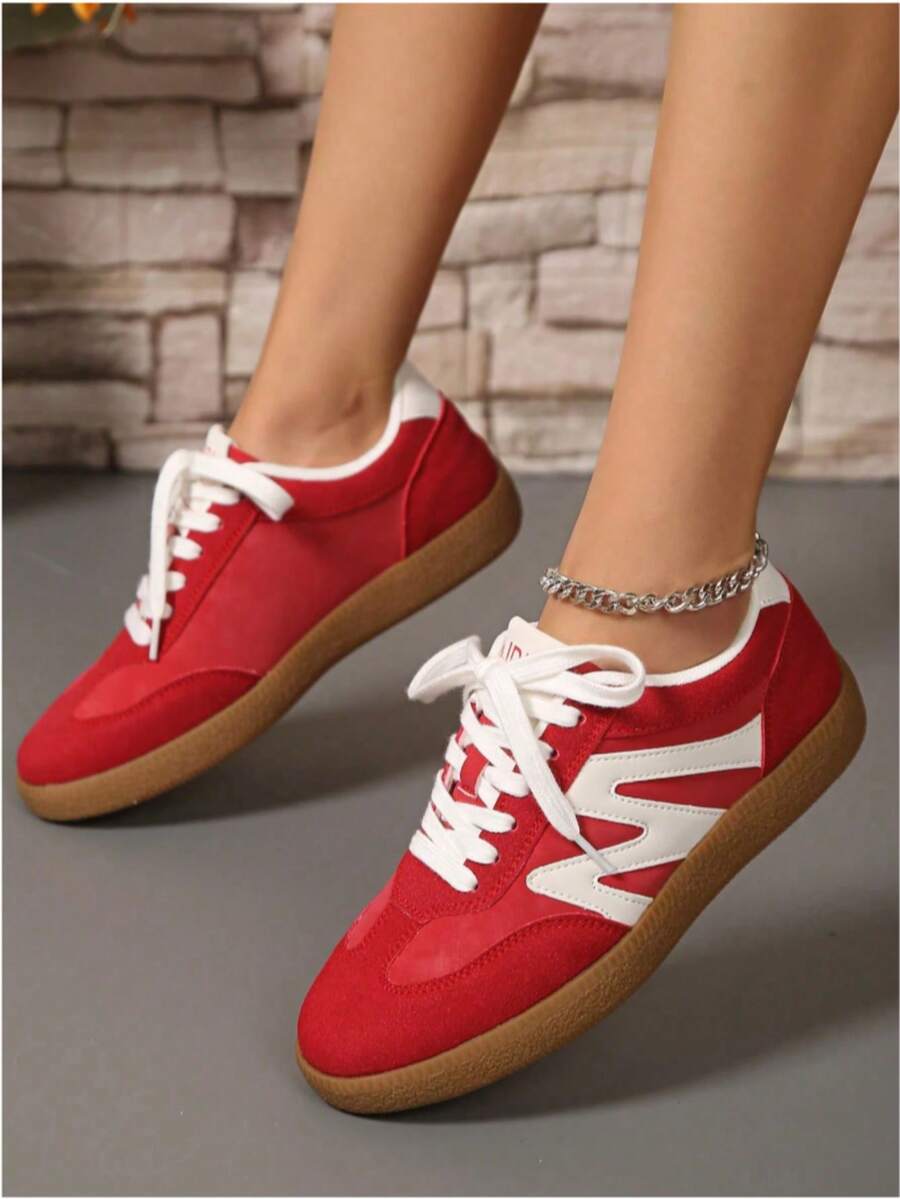 Women Casual Sneakers, Lace Up Walking Shoes - Red - View 1