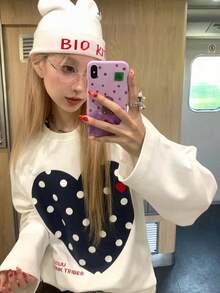 Women's Autumn Korean Style Heart & Polka Dot Loose Round Neck Long Sleeve T-Shirt Inner Layer Base Top - White - View 9