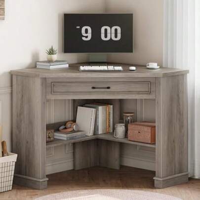 Farmhouse Corner Desk For Small Space, Small Triangle Computer Desk 31.5" Small Corner Desk With Drawer, Corner Computer Desk With Storage, For Home Office Living Room Bedroom
