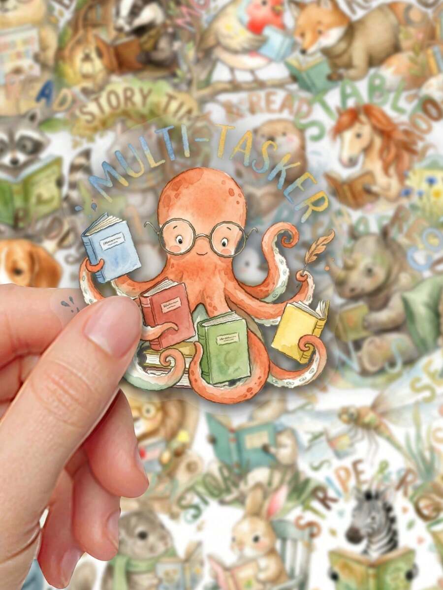 50Pcs Cute Reading Animal PET Stickers, Transparent Waterproof Book Lover Decals For Students, Teens, School Supplies, Notebook, Pencil Case, Laptop & Desk Decor - Multicolor - View 1