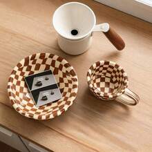 Aesthetic Hand-Painted Ceramic Bowl And Cup Set, Vintage Checkerboard Stripe Design, Breakfast Oatmeal Salad Bowl Coffee Cup, Kitchen Tableware, Housewarming Gift - Multicolor - View 5