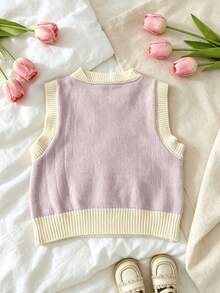 WUHUANG YIYI Áo len gile dệt kim nữ dáng rộng, thêu đắp nổi 3D hình gấu hoạt hình ngọt ngào dễ thương, trang trí nơ, áo khoác ngoài đa năng cho mùa xuân và mùa thu - Màu tím hoa cà - Xem 3