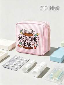 New 2D Flat "Medical" Pattern Printed Portable Medical Storage Bag/Pill Box/First Aid Kit/Cosmetic Bag, Pink And White Striped Design, Suitable For Daily Use, Outdoor Activities And Travel; Convenient Medical Storage Solution, Can Organize Medicines, Cosmetics, Phones And Other Small Items; Travel Essential, Suitable As Christmas Gift, Personalized Gift Bag, Small Exchange Gift Or Home Decor, Striped Density And Direction Random - Multicolor - View 3