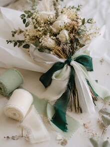 3pcs Handmade Chiffon Ribbon Tassel Set (Green & Beige), Frayed Edge Ribbon, Suitable For Wedding Invitations, Wedding Decor, Bouquets, Bridal Bouquets, Gift Wrapping, Handmade Holiday Party Decorations - Multicolor - View 2