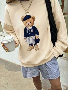 Cute Academy Style Bear Pattern Pullover Sweatshirt, Long Sleeve Ribbed Crew Neck Knit Fabric, Suitable For Autumn Wear, Comfortable And Versatile - Apricot - View 3