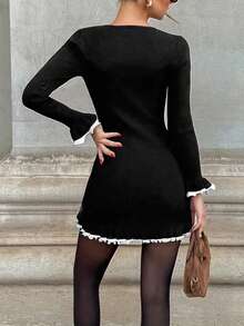 Women's Elegant Casual Round Neck Metal Button Knit Fitted Straight Shoulder Long Sleeve Ruffle Lace Mini Dress, Autumn/Winter - Multicolor - View 5