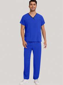 Men's Scrub Set V-Neck Scrub Top And Pants Work Uniform Elastic Waistband 8 Pockets - Royal Blue - View 5