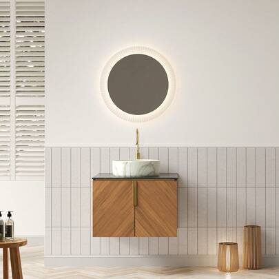 61cm Wall Mounted Bathroom Vanity With White Round Stone Pattern Ceramic Basin, Black Sintered Stone Countertop, 2 Door Plywood Cabinet, Brown Oak Wood Grain Color, 61 X 50 X 53.1 Cm
