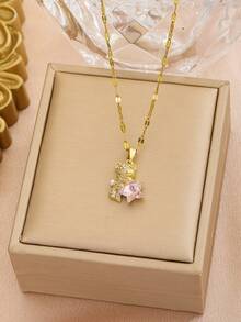 1pc Rhinestone Teddy Bear Pendant Necklace With Pink Crystal Star, Cute Elegant Fashion Jewelry, Suitable For Children's Party, Prom, Date And Daily Wear Gift - Gold - View 3