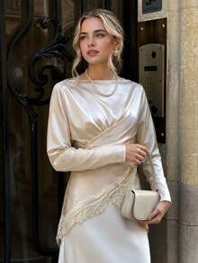 Novelle Women's Elegant French Champagne Satin Long Sleeve Blouse, Waist-Cinching Lace Trim Tie-Front Top, Suitable For Commuting, Dating, Evening Events - Apricot - View 3