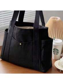 1pc Fashion Minimalist Large Capacity Canvas Tote Bag, Versatile College Commute Shoulder Handbag - Black - View 12