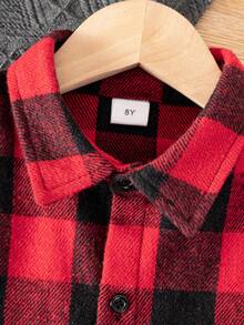 Unisex Kids Classic Street Casual Versatile Loose Fit Long Sleeve Red & Black Plaid Shirt, Suitable For Daily Wear, Vacation, Party And Other Activities - Red and Black - View 7