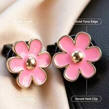 4pcs Pink Enamel Flower Car Air Vent Clips, Gold Rim Alloy Flower Car Interior Decoration, Premium Gift For Female Drivers - A - View 6