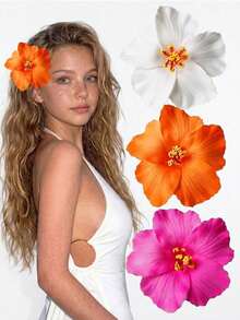 3pcs Hawaiian Flower Hair Clips, Simple Personalized Tropical Flower Hair Clips Suitable For Girls, Perfect For Beach, Hawaiian Theme Party, Wedding Accessories - Multicolor - View 1