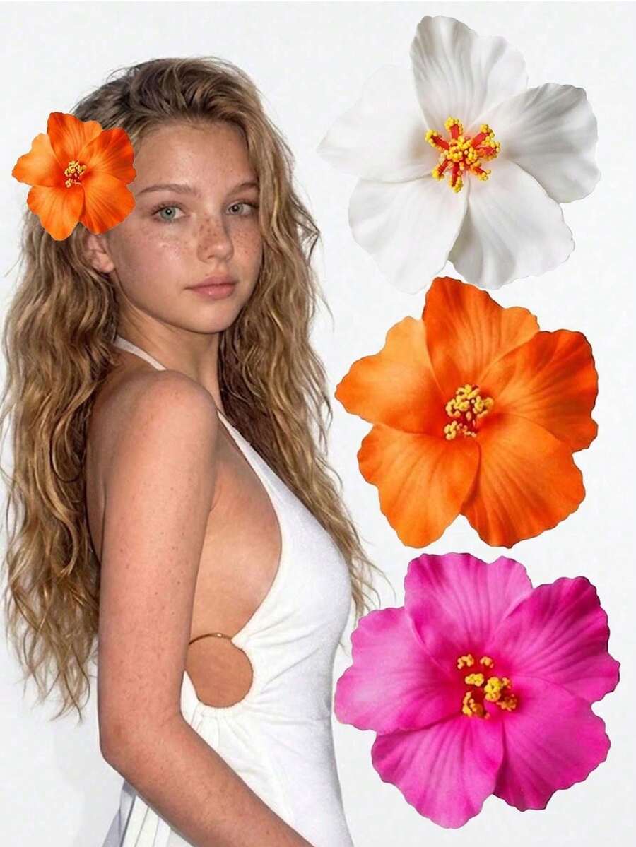 3pcs Hawaiian Flower Hair Clips, Simple Personalized Tropical Flower Hair Clips Suitable For Girls, Perfect For Beach, Hawaiian Theme Party, Wedding Accessories - Multicolor - View 1