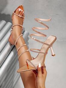 Women's New Light Champagne Rhinestone Snake Wrap Pointed Toe Stiletto High Heel Sandals, Sexy Nightclub Party Evening Summer Shoes - Champagne - View 1