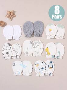 8 Pairs Baby Anti-Scratch Mittens, Soft & Skin-Friendly Newborn Scratch-Free Gloves, Mixed Printed & Solid Color, Breathable & Comfortable, Suitable For 0-6 Months Babies Daily Wear, All Seasons - Solid Color + Cartoon Print - View 1