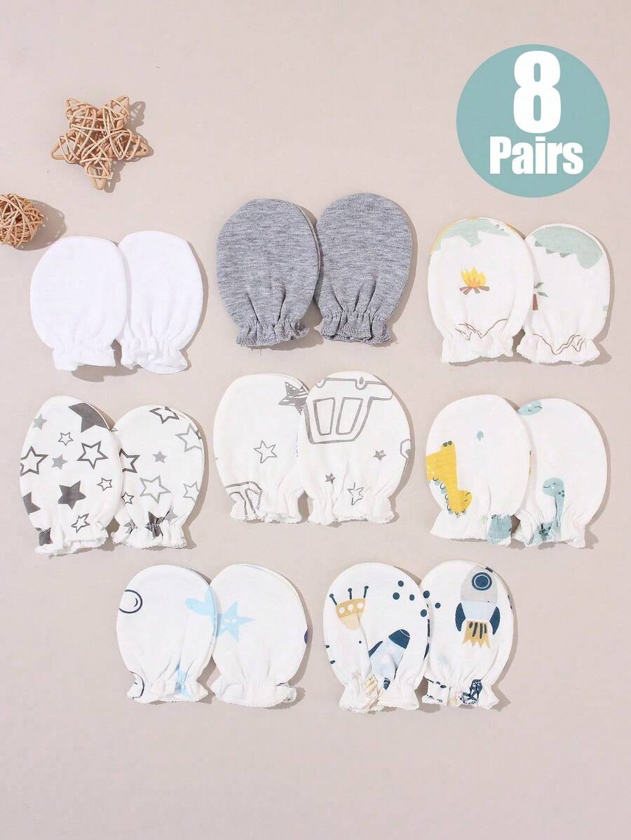 8 Pairs Baby Anti-Scratch Mittens, Soft & Skin-Friendly Newborn Scratch-Free Gloves, Mixed Printed & Solid Color, Breathable & Comfortable, Suitable For 0-6 Months Babies Daily Wear, All Seasons - Solid Color + Cartoon Print - View 1