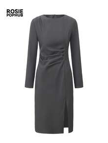 ROSIE POPHUB Women's Elegant Grey Midi Dress, Round Neck Ruched Waist Bodycon Dress With Side Slit, Formal Office Commuter Outfit For Fall Winter - Grey - View 9
