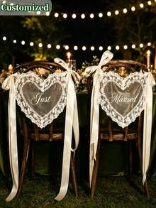 Custom Heart-Shaped Lace Chair-Back Decorations And Personalized Translucent Chair Back Signs (With Satin Ribbons); Suitable For Bridal Showers, Wedding Receptions, And Venue Styling At Hotels Or Outdoor Locations. - Multicolor - View 3