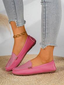 Comfortable Versatile Soft Flat Plus Size Loafers For Women, Autumn New Low Vamp Rhinestone Slouchy Slip-On Bean Loafers - Pink - View 2