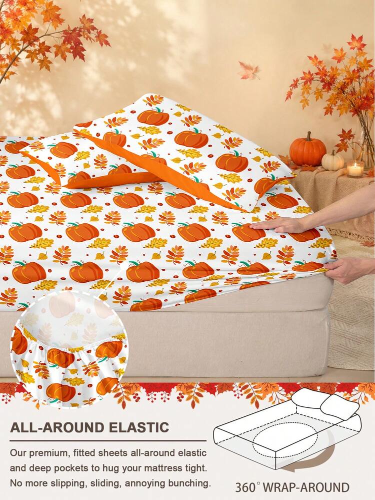 1 pieza Sábana ajustada con estampado de hoja de calabaza de Halloween y Acción de Gracias (solo sábana ajustada), sábana ajustada duradera y lavable a máquina, decoración de dormitorio para vacaciones de otoño, adecuada para tamaños King/Queen/Full/Twin, perfecta para hogar, dormitorio, apartamento, habitación de invitados, alquiler y regalo - Multicolor - Añade 4