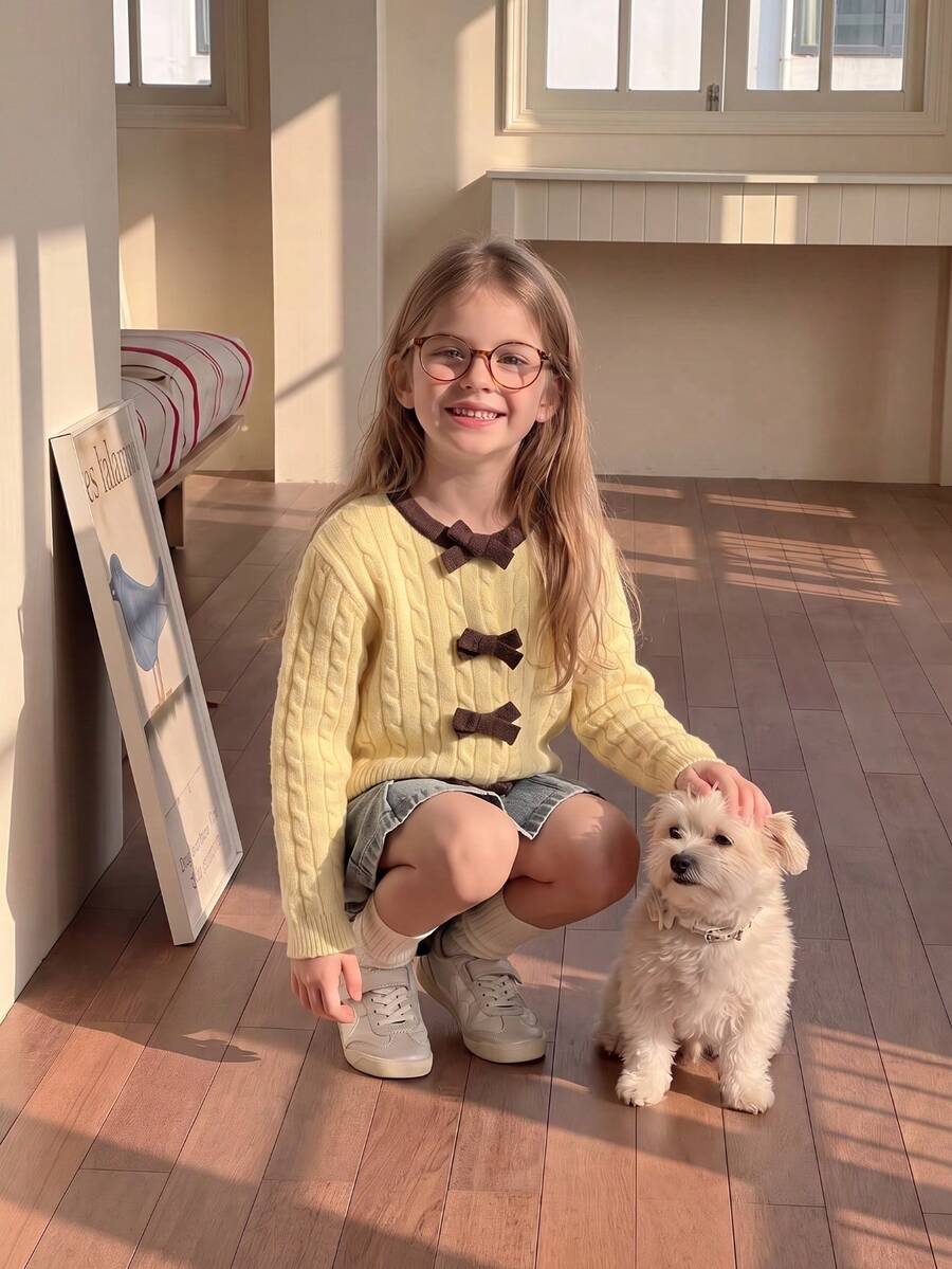 Girls Sweaters, Tween Girls Yellow Cable Knit Cardigan With Brown Bows, Crew Neck Long Sleeve Cute Preppy Top For Fall Winter Daily & Party Outfits - Ginger - View 1