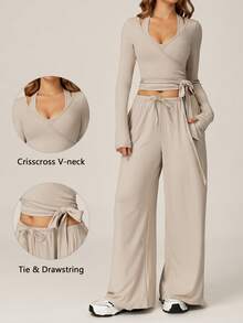 TimeOff Women's One Set Solid Color Cross Wrap Tie Waist Long Sleeve Cover Up With Elastic Drawstring Side Pockets Wide Leg Pants - Apricot - View 1