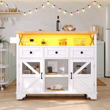Mobile Kitchen Island Cart With Foldable Countertop, 3 Drawers, And Glass Door Storage Cabinet, X-Shaped Metal Frame Design, Versatile Storage, Suitable For Kitchen, Living Room, And Balcony - White - View 1