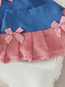 2pcs Baby Girl Vintage Y2K Millennium Style Bowknot Wide Strap Decor Plush Collar Off-Shoulder Top & Patchwork Pleated Mini Skirt Set, Suitable For Party Birthday Wear In Spring And Autumn - Royal Blue - View 8