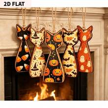 2D Flat, 5pcs Cat-Shaped Wooden Tags With Hanging Rope. Five Different Vintage Halloween Patterns, Perfect Holiday Gift To Create A Vintage And Cozy Halloween Atmosphere. - 5 Items - View 8