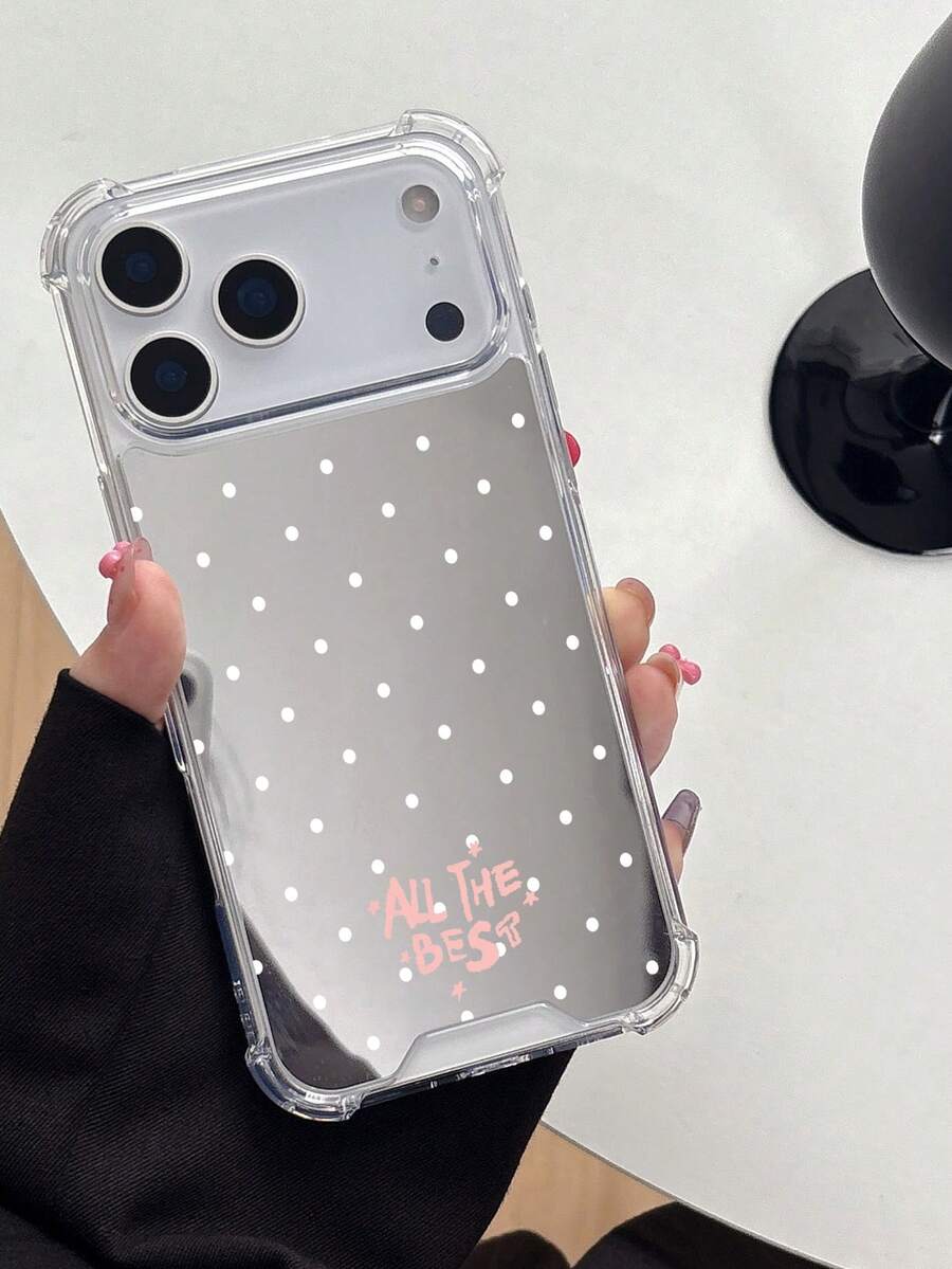1 pieza Funda de teléfono con espejo de estética minimalista, lunares blancos, impresión de letras rosas ALL THE BEST, a prueba de golpes, accesorio de maquillaje para mujeres, adecuado para Apple 17E/17promax/13/11/17/16/14/15/15 Pro/15 Plus/15ProMax/ Max/Xr/11Pro/12Pro/13Pro/14Pro/17Pro/17Air/16Pro/16Plus/16ProMax/17ProMax&Galaxy A26/A56/A57/A55/A06/A17/A54/A14/A12/A13/A15/A32/A33/A24/A52S/S20/S21/S22/S23/S24/S23Plus/S24ultra/S25/A15/A33/A23 - Plateado - Ver 1