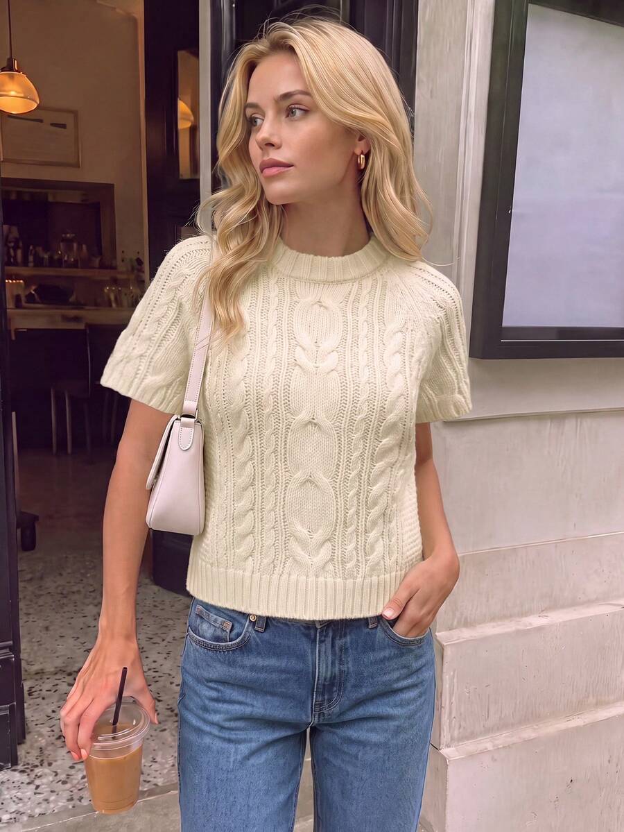 Nicenter Women's Round Neck Raglan Short Sleeve Cable Knit Sweater, Wool Blend, Fall Winter Clothes, Casual Elegant Fall Outfit For Women, Daily Commute Office - Apricot - View 1