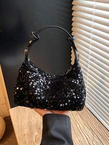 Dedoo 女款單肩腋下波希米亞風格包，亮片圖案，拉鍊開合，亮面休閒時尚款，適合女性日常、夜店、派對，四季皆宜 - 黑色 - 查看 4