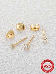 3pcs Four Leaf Clover Moissanite Stud Earrings For Women 925 Sterling Silver 18K Gold Plated Flower Hypoallergenic Jewelry For Anniversary Valentines - Gold - View 3