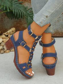 Women's Rivet Decor Square Hollow Buckle Strap Roman Sandals, Fashionable Avant-Garde Summer Daily Party Blue High Heel Sandals, Women's High Heels, Random Pattern - Blue - View 4