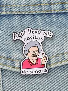 Pin Kerah Enamel Nenek Kartun, Bros Figur Lucu Vintage, Pin Dekoratif Teks Spanyol, Aksesori Pakaian Fashion - MultiWarna - View 4