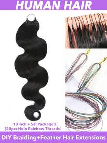20Pcs DIY Gradient Braiding Strings With Feather Hair Extensions, 100% Human Hair Braided Hair Styling Kit Feather Crochet Human Hair 12A Body Wave Pre-Separated Feather Crochet Human Hair Invisible Crochet Hair Extensions - Natural Black - View 5