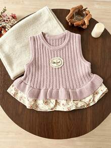 WUHUANG YIYI Girls Sweet Cute Gentle Style Handmade Lace Applique Floral Hem Patchwork Knit Hollow Out Tank Dress Loose Fit Suitable For Daily Wear Versatile Outings Spring Summer Autumn - Mauve Purple - View 10