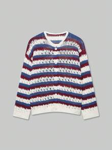 Cardigan Rajut Berongga Blok Warna Putih Gading Biru Merah Marun untuk Wanita Musim Gugur & Musim Dingin, Leher Bulat Lengan Panjang Potongan Longgar Kancing Depan - MultiWarna - View 2