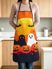 4pcs Drinking Coffee Skeleton Print Apron, Gothic Black Bat Pattern Adjustable Cooking Apron, Funny Halloween Kitchen Decor - Multicolor - View 6