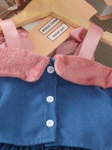 2pcs Baby Girl Vintage Y2K Millennium Style Bowknot Wide Strap Decor Plush Collar Off-Shoulder Top & Patchwork Pleated Mini Skirt Set, Suitable For Party Birthday Wear In Spring And Autumn - Royal Blue - View 7