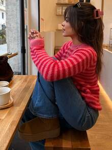 Senya Women's Vintage Colorblock Striped Knit Sweater, Round Neck Fuzzy Loose Pullover, Drop Shoulder Casual Long Sleeve Top Fall - Hot Pink - View 7